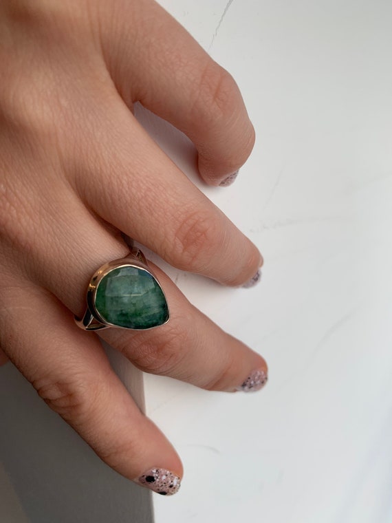 Vintage Emerald Silver Ring, Statement Emerald Rin