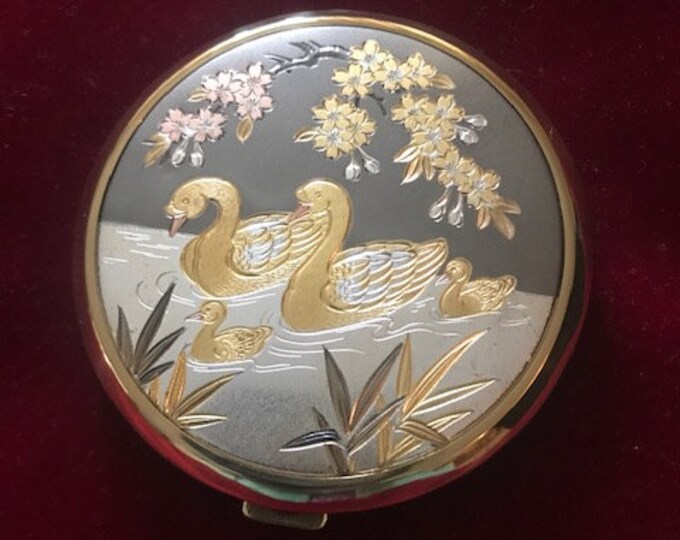 Rare Unused Vintage Japanese Compact Mirror Inlaid With Gold and