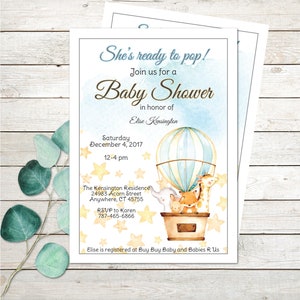She&#39;s Ready to Pop! Watercolor Hot Air Balloon Printable Baby Shower 5x7 Invitation Instant Editable Download