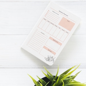 Peut inclure: Un planificateur hebdomadaire blanc avec des sections pour les priorités hebdomadaires, la liste de contrôle, les rendez-vous, les rappels et les notes. Le planificateur est posé sur une surface en bois blanc avec une plante verte en pot dans le coin inférieur droit.