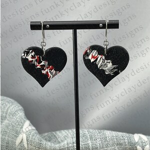 Black Heart-Shaped Textured Polymer Clay Earrings | Unique Mended Heart Banded Pattern Design | Handmade Statement Jewelry
