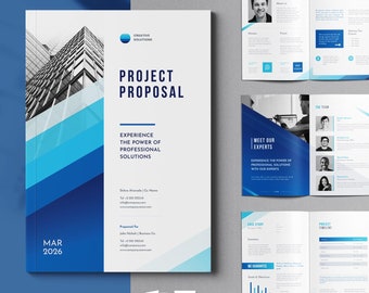 May include: A blue and white project proposal template with a cityscape background. The cover page includes the text "PROJECT PROPOSAL" and "EXPERIENCE THE POWER OF PROFESSIONAL SOLUTIONS". The template is compatible with Microsoft Word and Adobe InDesign.