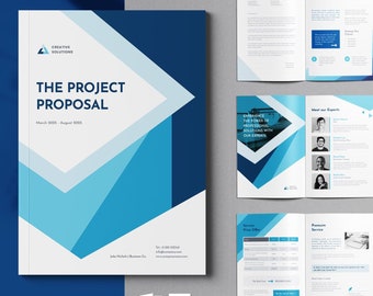 May include: A blue and white project proposal brochure with the title "The Project Proposal" and the company name "Creative Solutions". The brochure is compatible with Microsoft Word and Adobe InDesign.