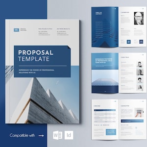 May include: A blue and white proposal template with a modern design. The cover features a photo of a tall building with a blue sky in the background. The text "PROPOSAL TEMPLATE" is in a large, bold font. The text "EXPERIENCE THE POWER OF PROFESSIONAL SOLUTIONS WITH US" is in a smaller font below the title. The template is compatible with Microsoft Word and InDesign.