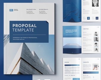 May include: A blue and white proposal template with a modern design. The cover features a photo of a tall building with a blue sky in the background. The text "PROPOSAL TEMPLATE" is in a large, bold font. The text "EXPERIENCE THE POWER OF PROFESSIONAL SOLUTIONS WITH US" is in a smaller font below the title. The template is compatible with Microsoft Word and InDesign.