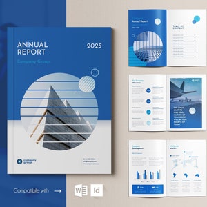 May include: A blue and white annual report template for 2025. The cover features a building with a blue circle around it. The text "Annual Report" and "Company Group" is in white. The text "2025" is in white on a blue background. The template is compatible with Word and InDesign.