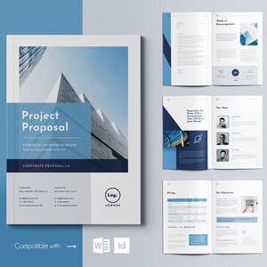 Op de afbeelding: Een brochure met een projectvoorstel voor bedrijven met een blauw en wit kleurenschema. De omslag toont een foto van een modern gebouw met de tekst "Projectvoorstel" en "Ervaar de kracht van professionele oplossingen met ons".