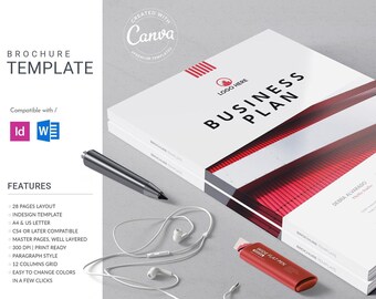 Red Business Plan Template, A4 & US Letter, InDesign, Docx, Canva