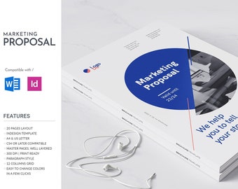 以下が含まれることがあります： 青い円の中に「Marketing Proposal」と「Valid until 23/24」の文字が書かれた白いマーケティング提案パンフレット。パンフレットは赤と黒の幾何学模様で、「We help you to tell your story.」の文字が書かれている。