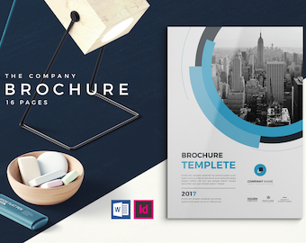 May include: A white and blue brochure template featuring a black and white cityscape photograph within a circle. The text "BROCHURE TEMPLATE" is displayed in a blue box. The text "COMPANY NAME" is shown in a blue square. The text "2017" is in a blue box. The text "THE COMPANY BROCHURE 16 PAGES" is located in the top left corner.