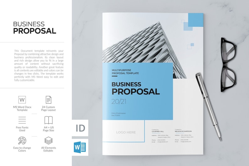 May include: A business proposal template with a blue and white color scheme. The template features a modern design with a cityscape image and the text "BUSINESS PROPOSAL 20/21".