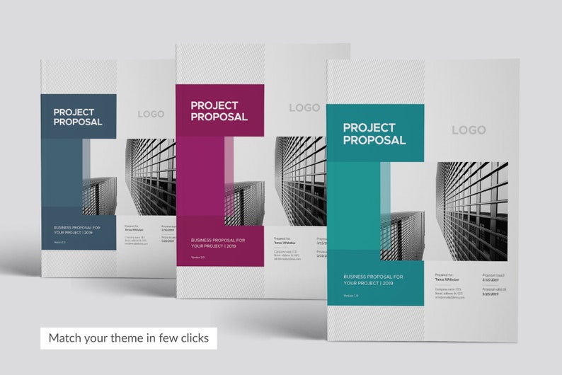 K&ouml;nnte beinhalten: Vier verschiedene Projektvorschlag-Cover-Designs mit einem Schwarzwei&szlig;foto eines Geb&auml;udes mit einem Gittermuster. Der Text "PROJEKT-VORSCHLAG" ist in Wei&szlig; auf einem farbigen Rechteck. Die Farben sind T&uuml;rkis, Rosa, Grau und Wei&szlig;.
