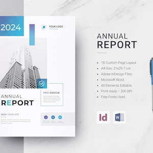 May include: A white and blue annual report template with a cityscape background. The template is designed for 2024 and includes 18 custom page layouts. It is compatible with Adobe InDesign and Microsoft Word. The template is print-ready at 300 DPI and uses free fonts.