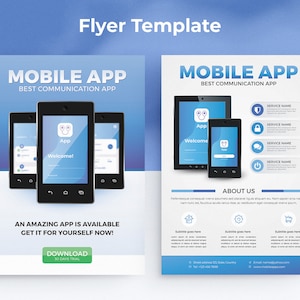 Könnte beinhalten: Ein Flyer-Template für eine mobile App. Der Flyer ist blau und weiß mit einem Bild eines Smartphones auf der Vorderseite. Der Text auf dem Flyer lautet "Mobile App" und "Best Communication App".