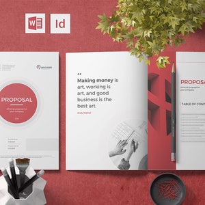 May include: A white and gray proposal template with a red circle that says "PROPOSAL" in white text. The template is open to a page with a quote by Andy Warhol that says "Making money is art, working is art, and good business is the best art." The next page has a table of contents with the heading "PROPOSAL".