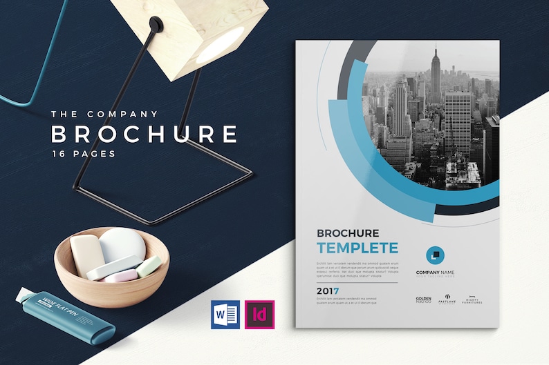 May include: A white and blue brochure template with a black and white cityscape photo in a circle. The text "BROCHURE TEMPLATE" is in a blue box. The text "COMPANY NAME" is in a blue square. The text "2017" is in a blue box. The text "THE COMPANY BROCHURE 16 PAGES" is in the top left corner.