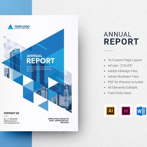 Puede incluir: Una plantilla de portada de informe anual azul y blanca con un diseño geométrico. La portada presenta una ciudad con un patrón de triángulos azules. El texto "Informe anual" está en negrita, en negro. La portada también incluye el texto "YOUR LOGO" y "SLOGAN GOES HERE".