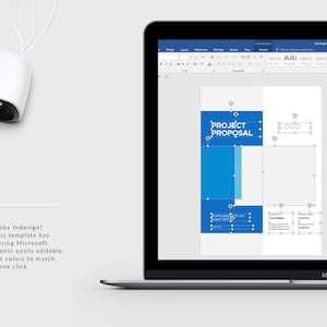 K&ouml;nnte beinhalten: Der Bildschirm eines Laptops zeigt ein Microsoft Word-Dokument mit einer blauen und wei&szlig;en Projektvorlagenvorlage. Die Vorlage enth&auml;lt den Text "PROJECT PROPOSAL" und "CONTENTS".