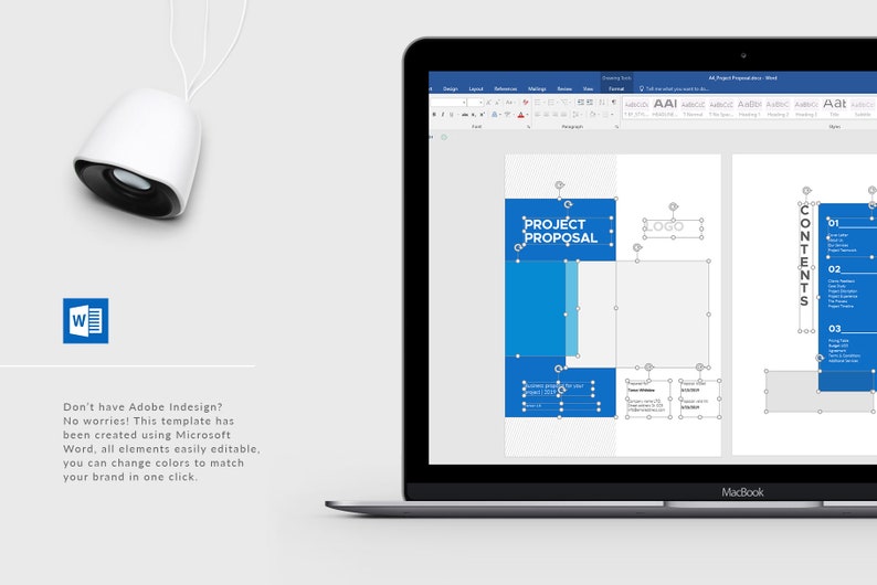 K&ouml;nnte beinhalten: Der Bildschirm eines Laptops zeigt ein Microsoft Word-Dokument mit einer blauen und wei&szlig;en Projektvorlagenvorlage. Die Vorlage enth&auml;lt den Text "PROJECT PROPOSAL" und "CONTENTS".
