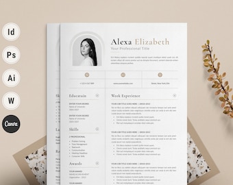 Könnte beinhalten: Eine minimalistische Lebenslaufvorlage mit einem Schwarzweißfoto einer Frau in einem Kreis oben. Der Text "Alexa Elizabeth" ist in einer Serifenschrift und der Text "Ihre Berufsbezeichnung" in einer serifenlosen Schrift. Der Lebenslauf enthält Abschnitte für Ausbildung, Berufserfahrung, Fähigkeiten, Auszeichnungen und Kontaktinformationen.
