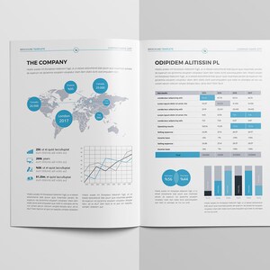 May include: A brochure template with a blue and gray color scheme. The left page features a world map with markers showing locations and a graph. The right page features a table with financial data and a bar chart. The text on the left page reads "The Company" and the text on the right page reads "Oddpidem Altissim PL".