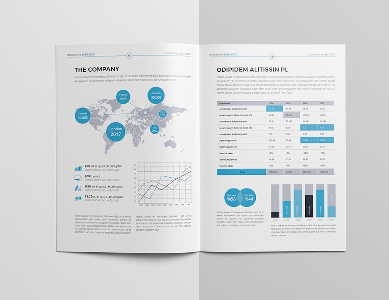 May include: A brochure template with a blue and gray color scheme. The left page features a world map with markers showing locations and a graph. The right page features a table with financial data and a bar chart. The text on the left page reads "The Company" and the text on the right page reads "Oddpidem Altissim PL".