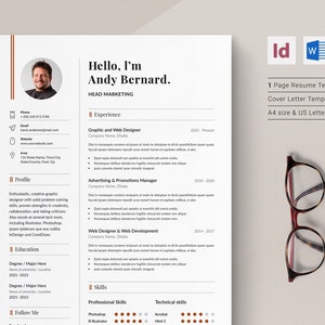 Clean Resume CV Template, One Page Resume and Cover Letter, Professional Executive Resume Template for WORD & INDESIGN.