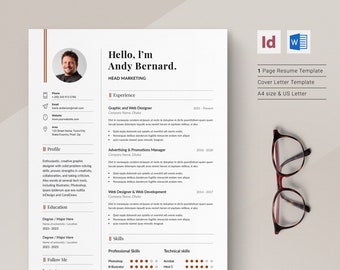 Clean Resume CV Template, One Page Resume and Cover Letter, Professional Executive Resume Template for WORD & INDESIGN.