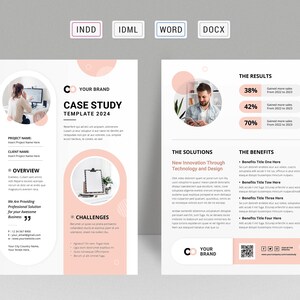 Puede incluir: Plantilla de estudio de caso de dos páginas con un diseño en rosa claro y blanco. El documento incluye el texto "CASE STUDY TEMPLATE 2024", junto con secciones para detalles del proyecto, una descripción general, desafíos, soluciones y beneficios.