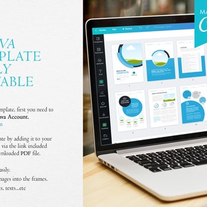 May include: A laptop computer displaying a Canva template with a blue and green color scheme. The template is titled "Brochure Template" and includes various sections with text and graphics. The laptop is open and a hand is hovering over the keyboard. The text "MADE WITH Canva" is displayed in a blue banner in the upper right corner of the image.