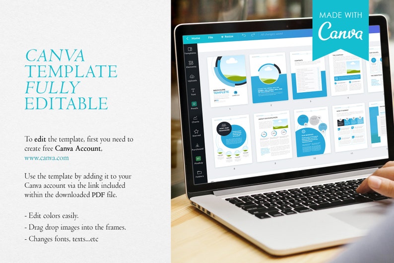 May include: A laptop computer displaying a Canva template with a blue and green color scheme. The template is titled "Brochure Template" and includes various sections with text and graphics. The laptop is open and a hand is hovering over the keyboard. The text "MADE WITH Canva" is displayed in a blue banner in the upper right corner of the image.