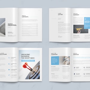 May include: A project proposal booklet with a blue and white cover. The cover has the text "Project Proposal 20/21" and a blue and white geometric design. The booklet is open to show the table of contents, cover letter, executive summary, challenges and solutions, engaging business the right way, about the company, and scope of services.