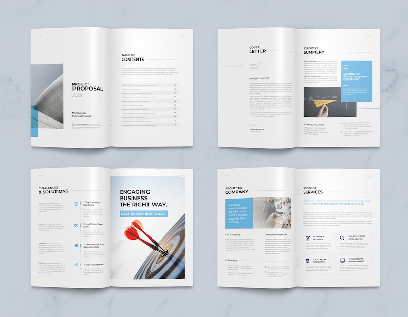 May include: A project proposal booklet with a blue and white cover. The cover has the text "Project Proposal 20/21" and a blue and white geometric design. The booklet is open to show the table of contents, cover letter, executive summary, challenges and solutions, engaging business the right way, about the company, and scope of services.