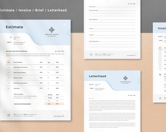 Può includere: Un modello di preventivo, fattura, brief e intestazione di lettera bianco e blu con un logo geometrico e il testo "Creative Design".