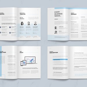May include: A brochure with a blue and white color scheme. The brochure is open to show the inside pages. The text on the brochure includes "Additional Services", "Start Small Think Big", "Every Business Needs...", "Project Summary", "Goals and Objectives", "Case Study", and "Project Description".