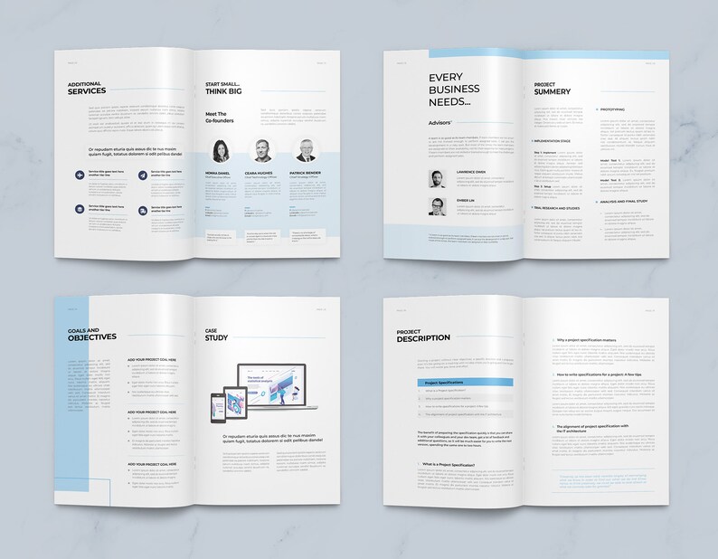 May include: A brochure with a blue and white color scheme. The brochure is open to show the inside pages. The text on the brochure includes "Additional Services", "Start Small Think Big", "Every Business Needs...", "Project Summary", "Goals and Objectives", "Case Study", and "Project Description".