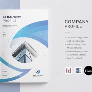 Può includere: Un modello di profilo aziendale bianco con un design astratto blu e turchese. Il modello presenta un moderno grattacielo sullo sfondo. Il testo "COMPANY PROFILE" è visualizzato in grassetto, in nero. Il modello è disponibile in Adobe InDesign, Microsoft Word e Canva.