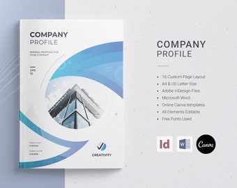 Sjabloon Bedrijfsprofiel, Blauwe lay-out, Bewerkbare InDesign, Word, Canva (A4 en US Letter)