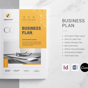 Plantilla de plan de negocios Creative Yelllow, 20 páginas, tamaño carta A4 y US, InDesign, plantilla Docx, Canva, diseño de páginas enriquecidas, totalmente editable