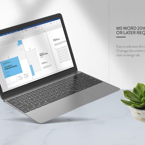 May include: A laptop computer displaying a business proposal template in Microsoft Word. The template features a blue and white color scheme with the text "Business Proposal" and "Project Proposal". The text "MS Word 2016 or Later Required" is displayed above the laptop.