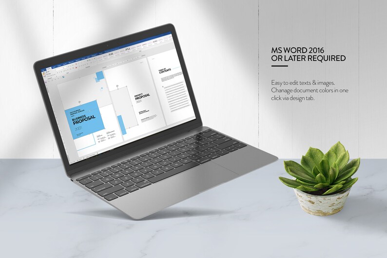 May include: A laptop computer displaying a business proposal template in Microsoft Word. The template features a blue and white color scheme with the text "Business Proposal" and "Project Proposal". The text "MS Word 2016 or Later Required" is displayed above the laptop.