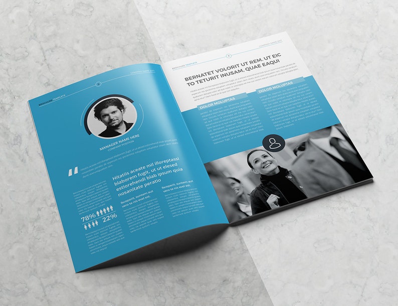 May include: A blue and white brochure with a photo of a person on the left page and a photo of a woman on the right page. The text on the left page reads "Manager Name Here" and "78% 22%". The text on the right page reads "Bernatet Volorit Ut Rem. Ut Eic To Teturit Inusam, Quae Eaqui" and "Dolor Moluptas".
