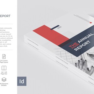 K&ouml;nnte beinhalten: Ein wei&szlig;es und graues Brosch&uuml;ren-Mockup mit einem roten, wei&szlig;en und blauen Farbschema. Die Brosch&uuml;re tr&auml;gt den Titel "The Annual Report".