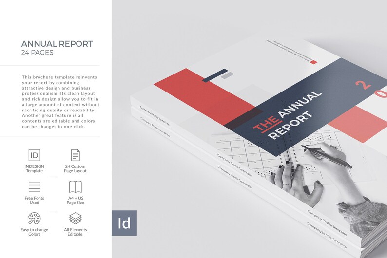 K&ouml;nnte beinhalten: Ein wei&szlig;es und graues Brosch&uuml;ren-Mockup mit einem roten, wei&szlig;en und blauen Farbschema. Die Brosch&uuml;re tr&auml;gt den Titel "The Annual Report".