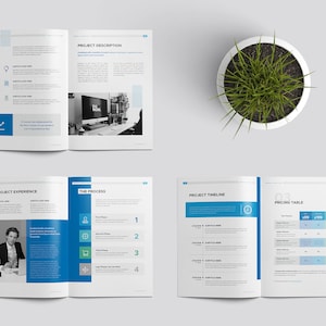 K&ouml;nnte beinhalten: Eine vierseitige Brosch&uuml;re in blau-wei&szlig;er Farbgebung. Die Brosch&uuml;re enth&auml;lt eine Projektbeschreibung, Projekterfahrung, den Prozess, einen Projektzeitplan und eine Preistabelle. Die Brosch&uuml;re ist professionell und modern gestaltet.