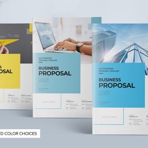 May include: Three different business proposal templates with a modern design. The covers feature a yellow, blue, and gray color scheme with the text "Business Proposal 20/21" and the words "Multipurpose Proposal Template".