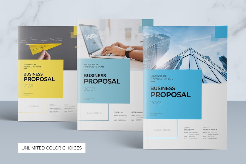 May include: Three different business proposal templates with a modern design. The covers feature a yellow, blue, and gray color scheme with the text "Business Proposal 20/21" and the words "Multipurpose Proposal Template".