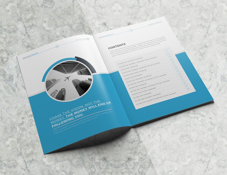May include: An open book with a blue background and a black and white photo of a city skyline with airplanes flying overhead. The text "CHASE THE VISION. NOT THE MONEY. THE MONEY WILL END UP FOLLOWING YOU." is printed on the left page. The right page has the word "CONTENTS" printed at the top and a list of items with page numbers.
