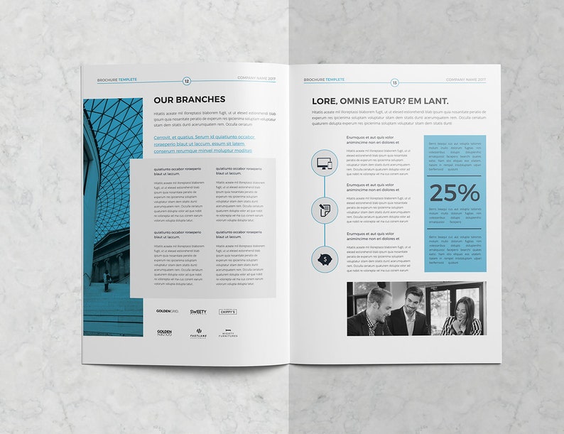 May include: A brochure template with a blue and white color scheme. The left page features a black and white photo of a glass dome ceiling. The right page features a blue and white graphic with the text "LORE, OMNIS EATUR? EM LANT." and a black and white photo of three people.