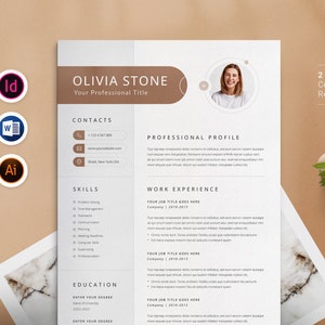 Pode incluir: Um modelo de currículo branco com uma barra de destaque marrom. O currículo é para Olivia Stone e inclui informações de contato, habilidades, experiência profissional e educação. O modelo é projetado para um currículo de duas páginas, uma carta de apresentação e uma referência.